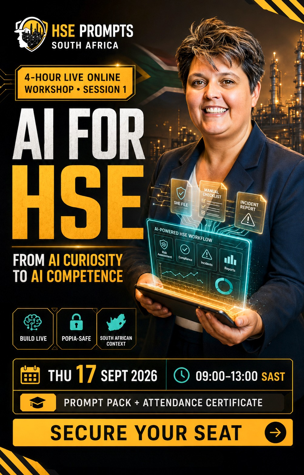AI for HSE, AI safety training South Africa, SHEQ AI workshop, POPIA AI compliance, OHS Act AI, toolbox talk generator, risk assessment AI, ISO 45001 AI